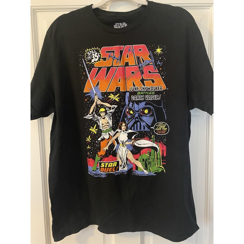 Star Wars Mens T-Shirt SZ XL Luke SkyWalker Battles Darth Vader Mad Engine Black